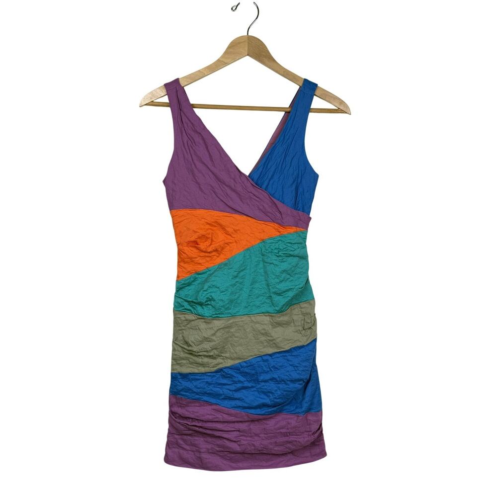 Nicole Miller Colorblock Ruched Mini Dress Vintage 90s Y2K Bodycon Cocktail Sz 6